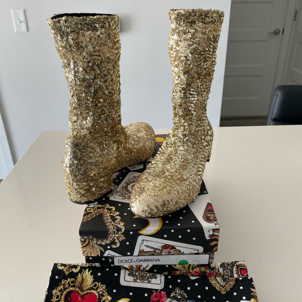 Dolce & Gabbana Gold Sequin Stretch Boots